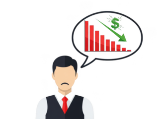 A worried businessman thinking about a declining financial graph with a dollar sign isolated on transparent background