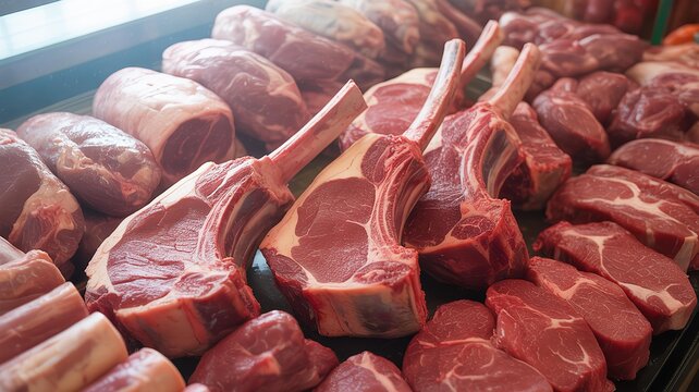 High quality raw meat selection on display in butcher shop featuring tender cuts lamb chops and ribeye steaks.