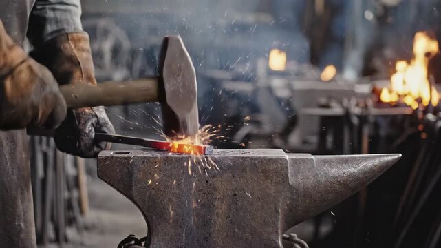 Blacksmith hammering hot metal on an anvil, creating a dramatic shower of bright orange sparks in a dark workshop setting