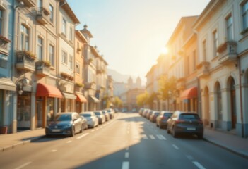 Fototapeta premium Sunlit street in european town, street scene with parked cars