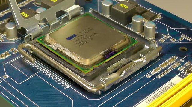 Close-up of a computer motherboard with a processor