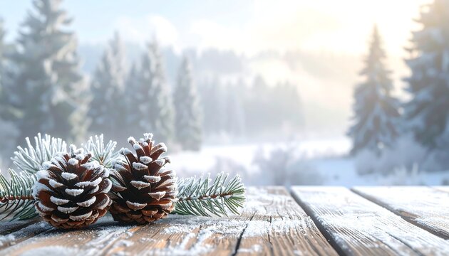 Winter Wonderland - Pine Cones and Snowy Forest Landscape.