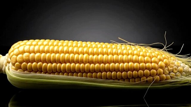 A pristine, fresh ear of corn is prominently featured, partially husked to showcase its perfectly aligned rows of glistening, bright yellow kernels. The vibrant green husk leaves beautifully contrast 