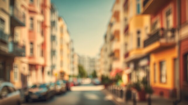 Blurred urban street scene in city neighborhood with pedestrians and cars