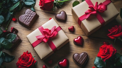 Valentines day gifts with red ribbon and roses arranged with chocolate hearts on a wooden surface natural textures and romantic setting