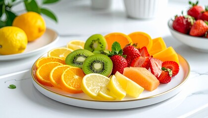 Assorted fresh fruit arranged on a white plate with sliced oranges, lemons, kiwis, and strawberries on a clean white tabletop.