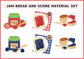 
いちごとブルーベリーの自家製ジャムに焼きたてスコーンとパンの爽やかな朝食イラスト素材セット