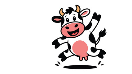 Joyful Jumping Cow: A cheerful cartoon cow with a wide grin and upbeat attitude leaps with unrestrained glee, spreading joy and positivity.