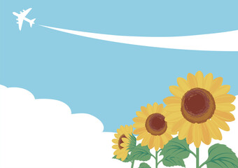 Summer Blue Sky and Sunflowers Background. Fresh Landscape Illustration with Airplane and Contrail