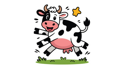 Cartoon Cow in a Field: A cheerful, cartoon cow leaps with glee across a patch of green grass, radiating joy and fun. 