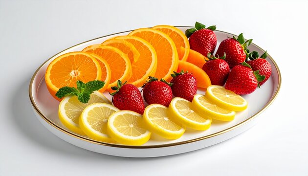 A plate of sliced oranges, lemons, and strawberries arranged neatly on a white plate against a white background from a high viewpoint.