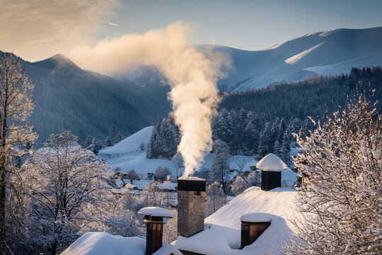 Ein eingeschneites Dorf und vom heizen qualmt der Schornstein