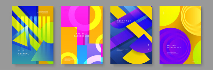 Obraz premium Abstract geometric background set showcasing artistic compositions of circles and lines with bright saturated color gradients for covers