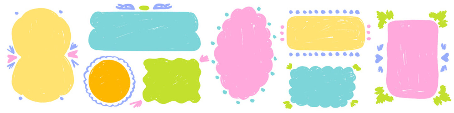 Pastel kindergarten frame in crayon style, square border, chalk texture, child doodle look, fun box layout. Cheerful kindergarten crayon frame square.