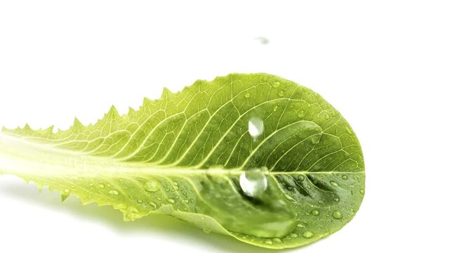 A pristine green leaf, resembling fresh romaine or cos lettuce, is beautifully captured in a macro close-up as clear water droplets gently fall and collect on its vibrant, textured surface. The intric