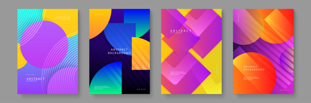 Set of professional abstract posters using purple and yellow gradients with overlapping geometric square and circle shapes