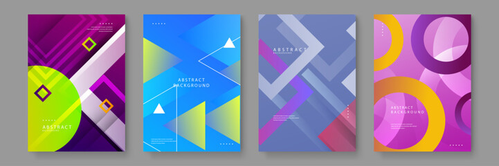 Set of creative flyer backgrounds with blue and purple gradients utilizing triangles and squares for a high-tech and sleek visual look