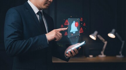 Businessman interacting with warning notification on digital tablet in dark office with desk lamps in professional attire under soft lighting for cybersecurity