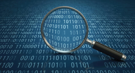 A magnifying glass is focused on a background of binary code numbers on a blue screen for data analysis and search.