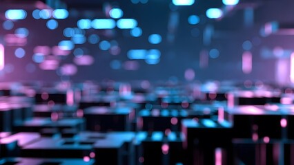 A blurred background depicts an abstract futuristic data center or server room filled with glowing blue and pink lights creating a captivating bokeh effect.
