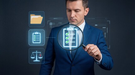 Businessman examining digital document in blue suit with magnifying glass in professional corporate lighting for business presentation