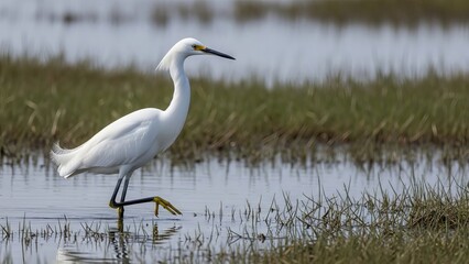 Obraz premium A white egret wading through marshland grasses