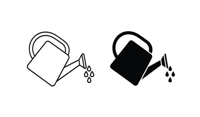 Black and white line and solid icon set of watering cans with water drops © rsvect02