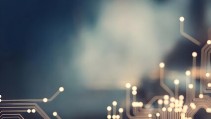 A blurred dark background showcases abstract glowing circuit board lines and illuminated dots in the foreground, representing interconnected digital technology and data flow.