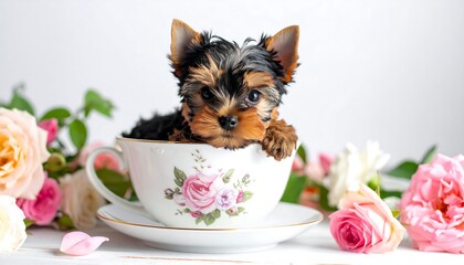 Adorable Yorkshire Terrier puppy nestled in a floral teacup.