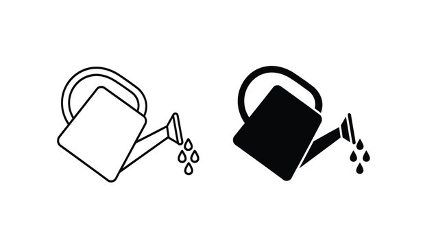 Black and white line and solid icon set of watering cans with water drops