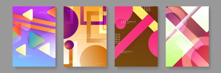 Fototapeta premium Four abstract poster designs featuring squares circles and triangles in warm orange pink and purple hues with modern patterns