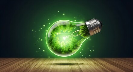 A brilliant green light bulb containing a vibrant forest, symbolizing sustainable energy, environmental conservation, and the power of eco-friendly innovation for a brighter future