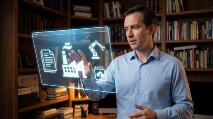 Man interacting with futuristic digital interface in modern office with blue glow and soft lighting for technology