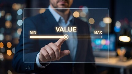 Businessman adjusting value slider on virtual interface in modern office with blue lighting for corporate technology