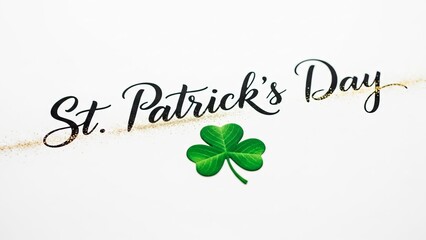 Elegant St. Patrick's Day lettering with a green shamrock and gold glitter accents on a white background.
