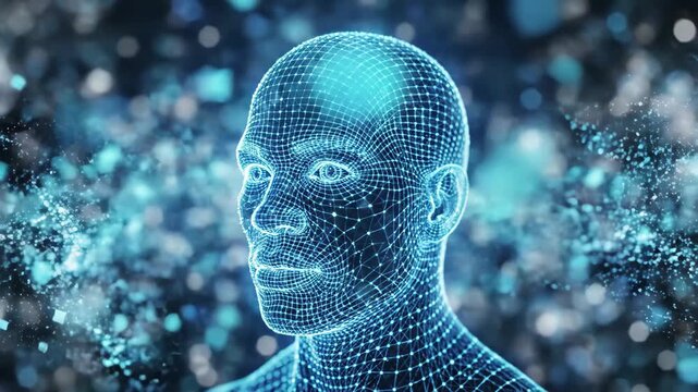 Digital human head wireframe with glowing blue particles and abstract background
