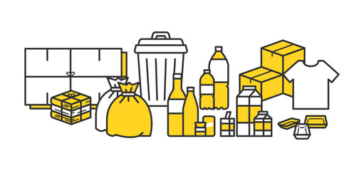 家庭ごみの種類と分別を表すシンプルなイラスト素材。Simple Illustration of Household Waste Types and Recycling.
