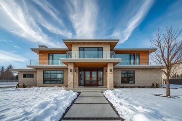 Generative AI Modern Snow-Covered House with Clear Sky and Lounge Area