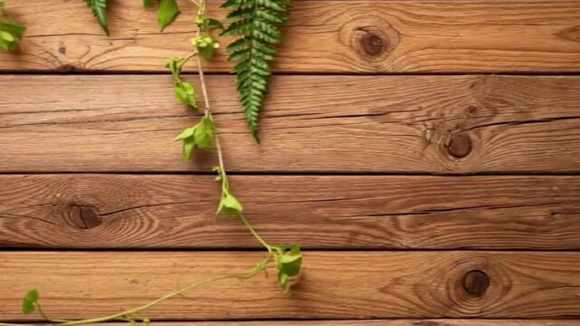 A serene and rustic natural background featuring rich wooden planks with prominent grain patterns and knots. Lush green foliage, including delicate vines and a fern leaf, are gracefully arranged acros