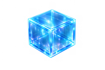 Glowing blue cube shining light on a transparent background, depicting technology and futuristic concepts