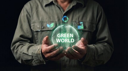Man holding green world icon in hands with eco symbols in soft blue lighting for environmental campaign