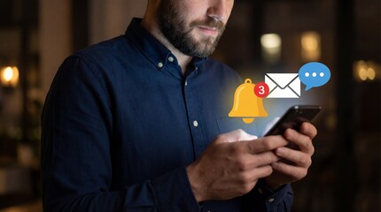Man checking notifications on smartphone with bell and message icons in modern dark blue tone for mobile app advertising