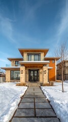 Generative AI Modern Winter House with Snow-covered Yard and Clear Blue Sky