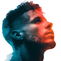 Double exposure male portrait with red and blue dramatic lighting effect