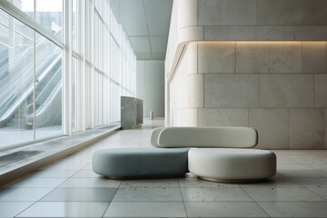 Modern lobby interior, minimalist sofa, curved bench, soft seating, large window, daylight, calm mood