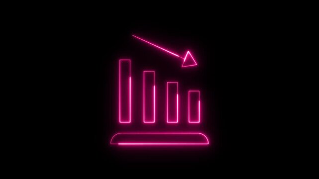 Neon glowing bar chart animation with a descending arrow on a black background. Business decline. Financial loss. Market crash. Economic crisis. Data analysis