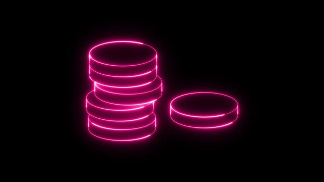 Abstract animation of glowing neon pink stacked coins and a distinct single coin on a dark black background. Financial growth. Investment. Savings. Digital economy. Cryptocurrency.