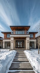 Generative AI Modern Winter House with Snowy Landscape and Clear Sky