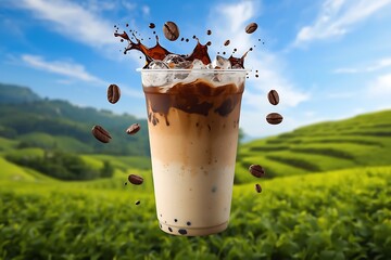 Generative AI Refreshing Coffee Frappe with Splash Effect in Nature