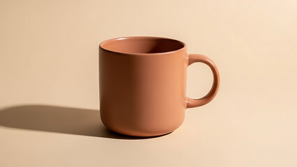 Obraz premium Simple terracotta ceramic mug casting a sharp shadow against a solid beige background representing minimalist design and modern kitchenware.